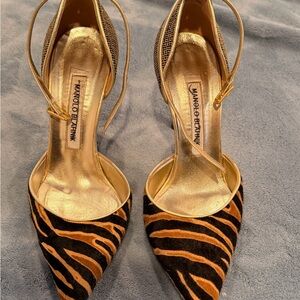 Manolo Blahnik Zebra Print Gold and Brown Heels